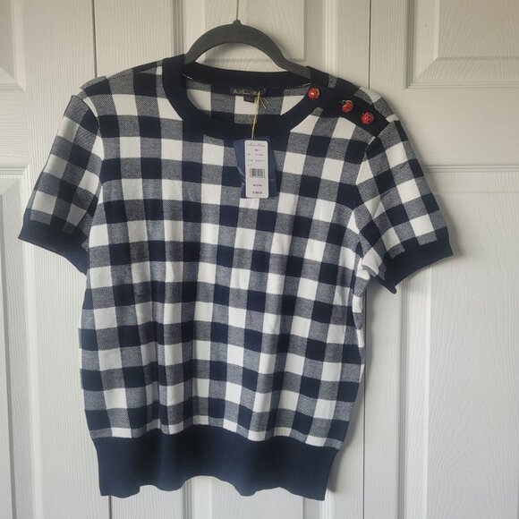 NWT BROOKS BROTHERS Gingham Ladybug Button-Shoulder Short-Sleeve Sweater Navy M - Picture 6 of 10